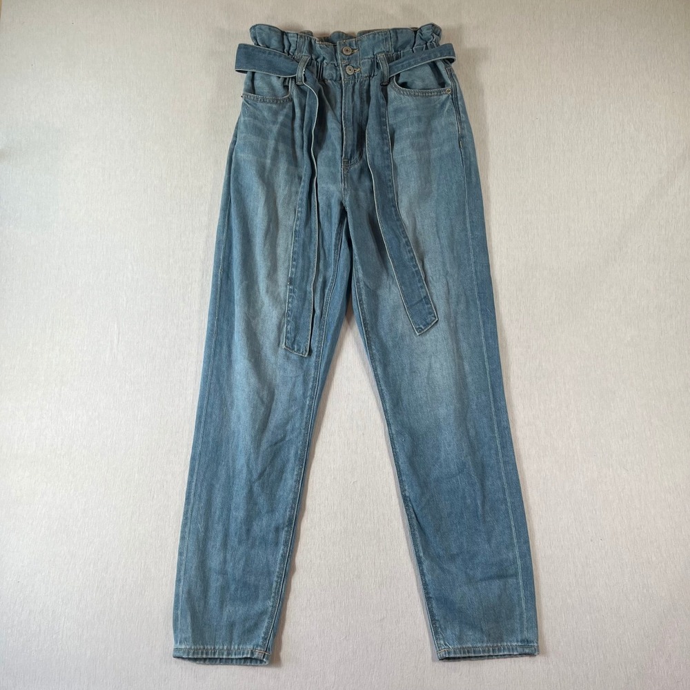 American Eagle Highest Rise Mom Jeans 2 REG Ruffle Waist Tie Belt Blue Stretch